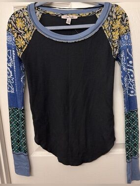 Free People y2k Black Mixed-Print Long Sleeve Top